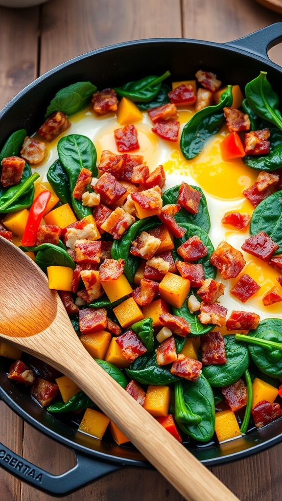 A delicious Whole30 breakfast skillet with crispy bacon, bell peppers, and spinach in a cast-iron skillet.